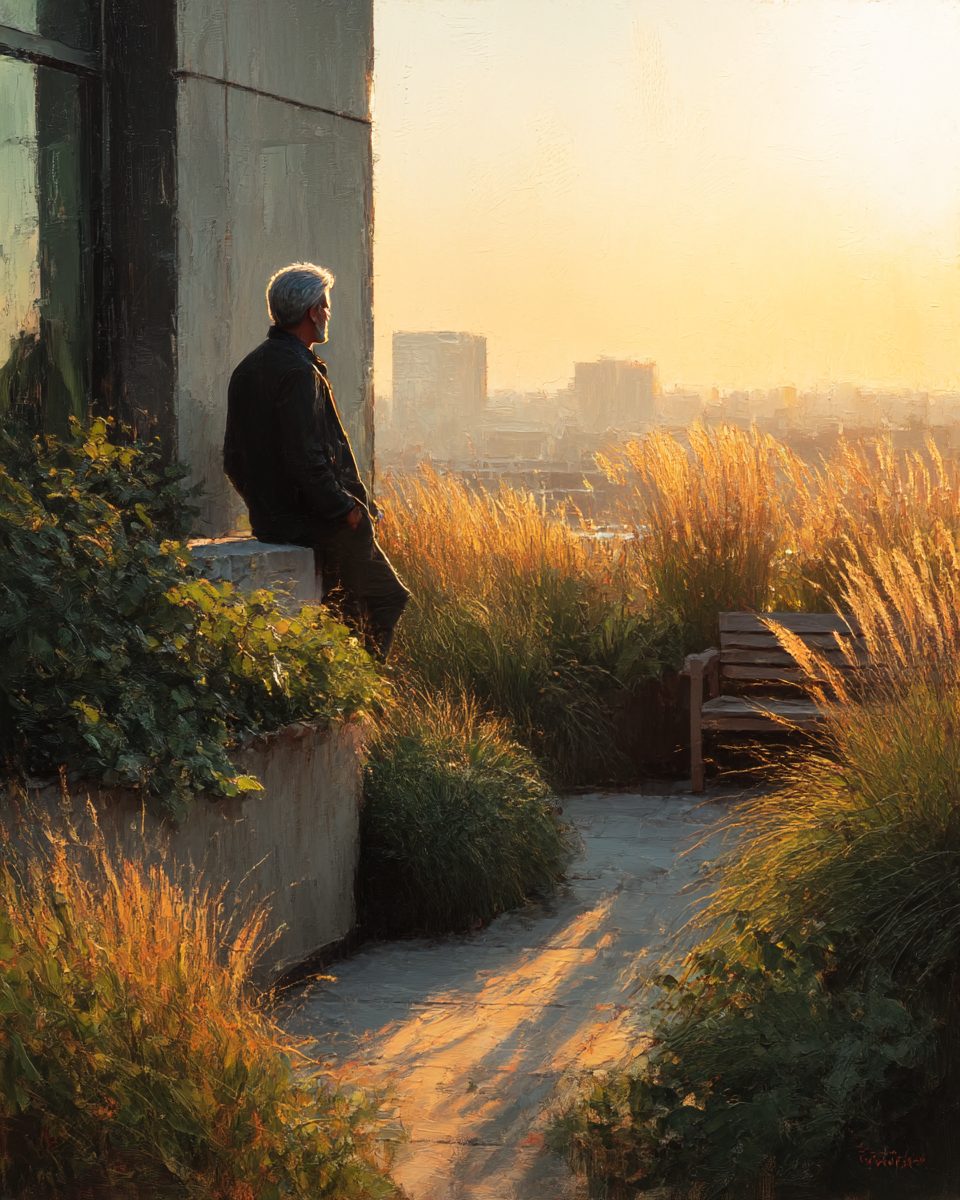 A man on a rooftop garden overlooking the city at golden hour, oil painting.